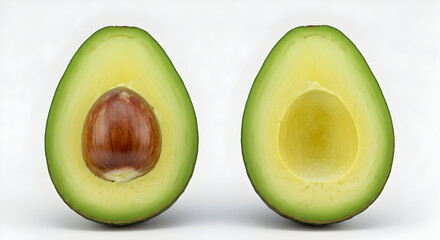 Ripe Avocado Halves One with Pit, One Without, Against a White Backdrop