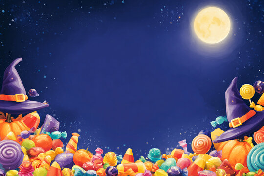 Halloween background with pumpkins and treats, copy space