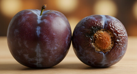 A side-by-side comparison of a fresh ripe plum and a moldy rotten one, illustrating the concept of aging, decay, and the natural life cycle