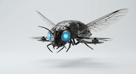 Futuristic drone design resembling a fly with glowing blue eyes, hinting at advanced technology and surveillance capabilities in a sleek, modern style against a neutral background