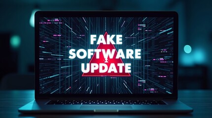 A warning about a fake software update displayed on a laptop screen in a dark, tech-inspired setting.