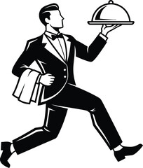 Retro waiter gracefully serves food on a silver platter while running with elegance and speed