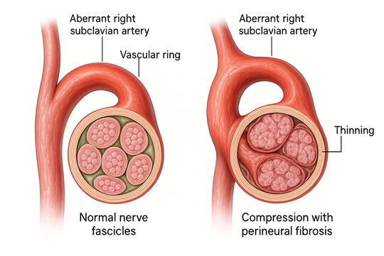 Medical illustration of normal and compressed nerve fascicles due to aberrant right subclavian artery and perineural fibrosis.