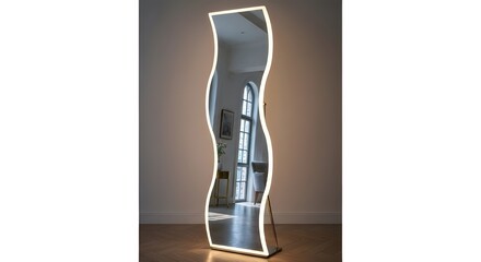 Modern Wavy LED-Lit Floor Mirror in Minimalist Interior