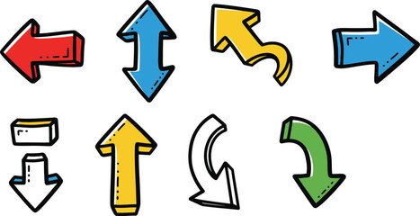 Colorful hand drawn doodle arrows pointing in directions for navigation and creative design use