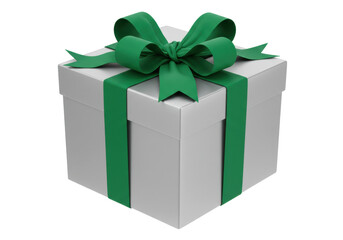 Isolated silver gift box with elegant green ribbon and bow a perfect present for Christmas birthday or anniversary celebration surprise luxury packaging