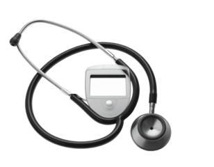 Flat Lay of Digital Stethoscope with Smartphone and Medical Clipboard, Top View, Transparent Background