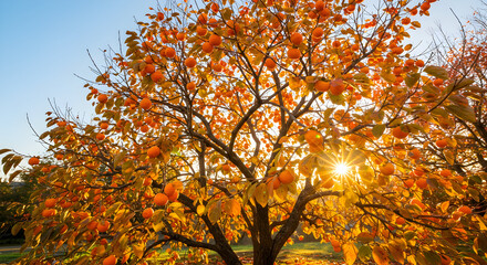 Persimmon Tree in Autumnal Splendor Sunlit Canopy of Orange Fruits and Golden Leaves Against a Bright Blue Sky