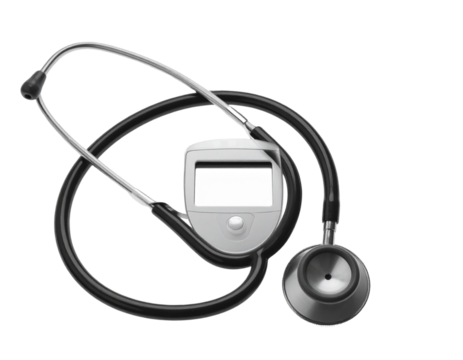  Flat Lay of Digital Stethoscope with Smartphone and Medical Clipboard, Top View, Transparent Background