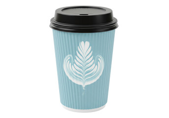 Isolated light blue corrugated paper coffee cup with black lid and white latte art design disposable beverage container for hot drinks