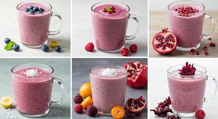 Indulge in vibrant fruit smoothies featuring blueberries, raspberries, and pomegranates for a refreshing and healthy lifestyle, perfect for wellness campaigns