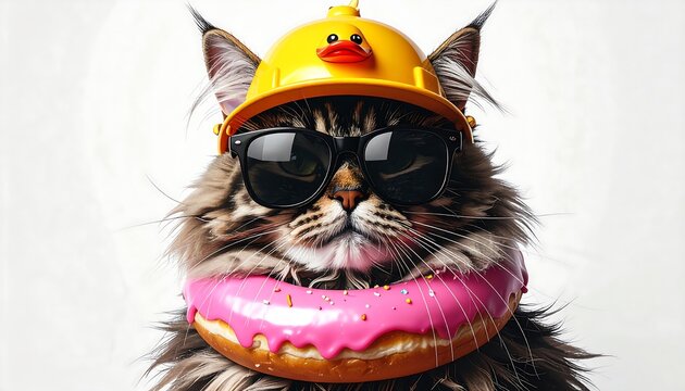 Fluffy cat wearing black sunglasses with donut around its neck and duck helmet, realistic photography style, isolated on white background with room for text.
 - Powered by Adobe