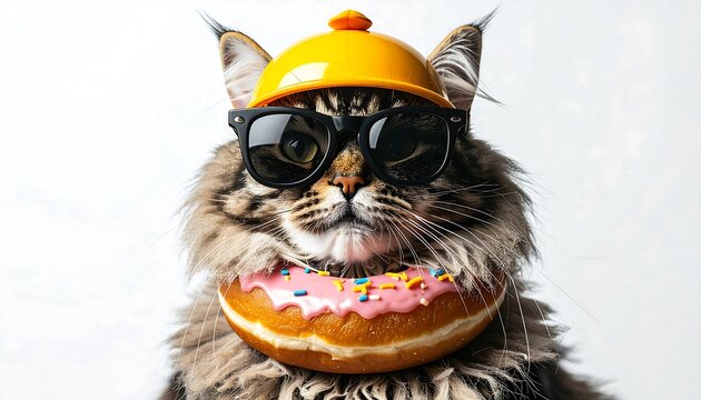 Fluffy cat wearing black sunglasses with donut around its neck and duck helmet, realistic photography style, isolated on white background with room for text.
