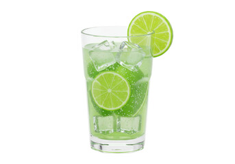 Refreshing lime drink with ice cubes isolated on transparent background PNG summer beverage with citrus fruit slices cocktail on clear glass no background
