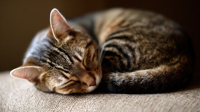 upholstery. Adorable tabby cat curled up on neutral-toned fabric, bathed in soft window light. wildlife magazines, conservation campaigns, designed for eco-tourism storytelling. - Powered by Adobe