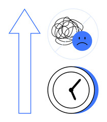 Blue upward arrow symbolizes growth, clock represents time management, crossed-out sad face with scribble shows overcoming stress. Ideal for self-improvement, planning, positivity, productivity