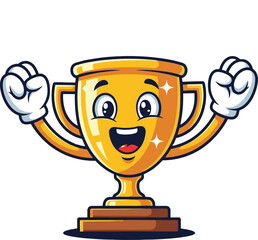 Golden trophy character celebrating victory with joy, hands raised for success and achievement award
