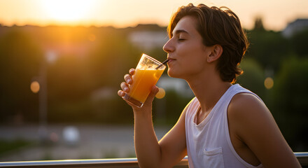 A tranquil young person enjoying a refreshing glass of orange juice outdoors during a beautiful golden hour sunset