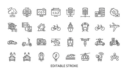 Essential Vector Line Icons Depicting Smart Technology, Digital Transformation, Connected Systems, and Modern Transportation, Covering Cloud Computing and Urban Mobility