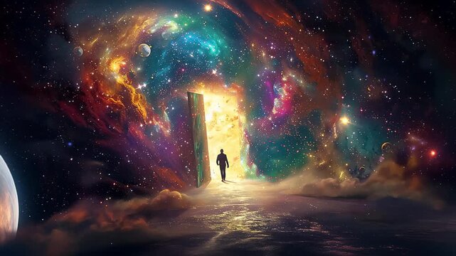 man walking into fantastic world through open door, new beginnings and new life, gate to heaven, afterlife and paradise concept 4k