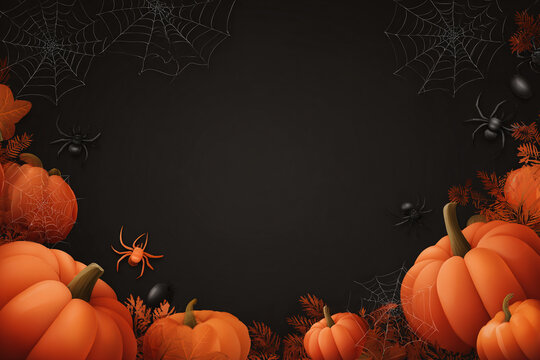 halloween background with pumpkins and spiders and spiderwebs, copy space