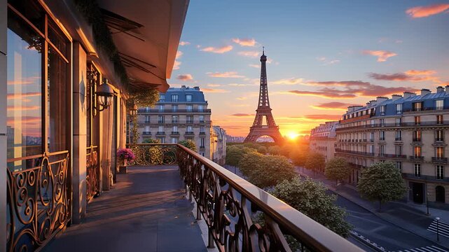 terrace or balcony with Eiffel tower view at sunset, romantic vacation at Paris 4k