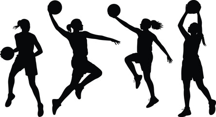 Silhouette of female basketball players in dynamic action poses, dribbling, jumping, shooting, isolated on white background, perfect sports concept illustration design