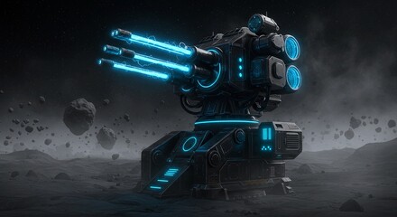 Futuristic defense turret firing energy beams across a desolate alien planet, guarding against cosmic threats in a stunning sci-fi scene, ready for action and adventure