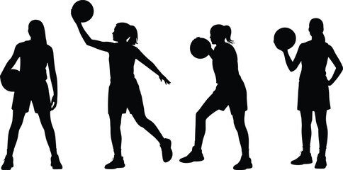 Silhouette of female basketball players with ball, sport action poses, dribbling, shooting, training, teamwork, fitness exercise illustration isolated background © MdShahin