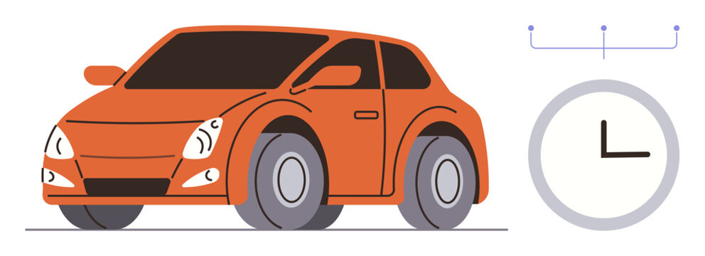 Compact orange car with sleek design and clock icon emphasizing time, mobility, and connectivity. Ideal for travel, transportation, schedules, punctuality, technology, efficiency simple flat