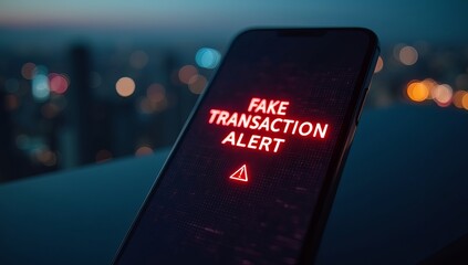 Mobile phone displaying a fake transaction alert with a glowing red notification, set against a blurred cityscape background.
