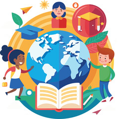 Global Learning for Children with Earth, Book, and Graduation Cap
