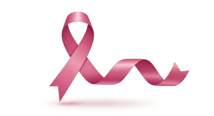 A flowing pink ribbon, a symbol of breast cancer awareness, elegantly curves against a white background with a subtle shadow.
