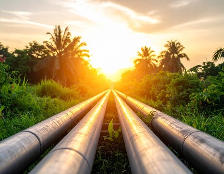 Metal pipelines stretching towards a bright sunset, framed by lush green vegetation.
