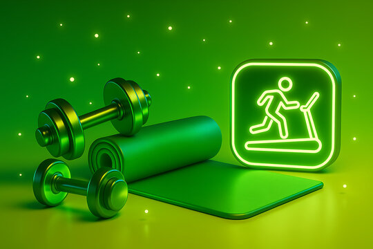Fitness and health tracking concept with neon green dumbbells, a yoga mat, and a glowing square icon depicting a person running on a treadmill - Powered by Adobe