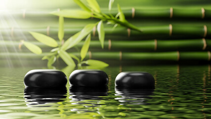 Zen Black Spa Stones Floating on Water with Green Bamboo Background and Sun Ray