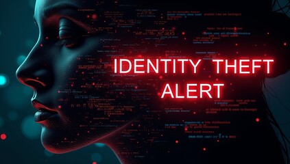 A futuristic illustration of a shadowy female profile against a digital backdrop, highlighting the theme of identity theft.