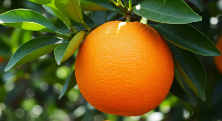An orange surrounded by its green leaves