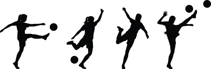 Silhouette of female soccer players kicking ball, dynamic football action poses, athletic women training, sports teamwork, fitness exercise, competitive game, isolated white background illustration