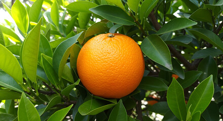 An orange surrounded by its green leaves