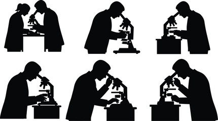 A set of scientist silhouettes using a microscope and taking notes, representing research, science, and education.