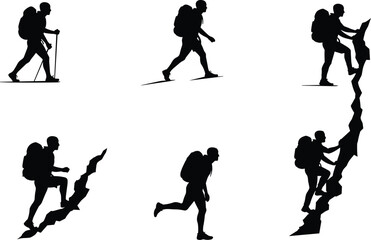 A set of male hikers and climbers' silhouettes in various poses with backpacks, representing adventure, nature, and sports.