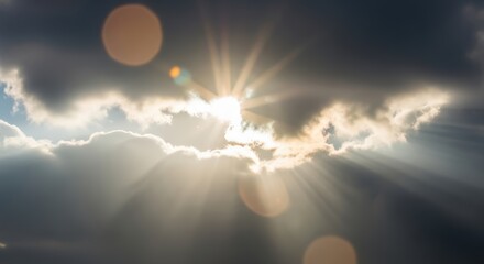 Sunbeams breaking through dark clouds, creating a dramatic and hopeful atmosphere.