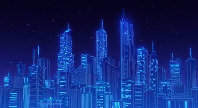 Futuristic City Landscape Background Blue. Low poly wireframe night buildings with glowing effect. Abstract tech smart cityscape background. Innovation skyscrapers and offices. Vector illustration.