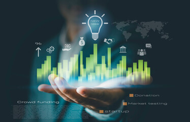 Crowdfunding concept for startups, projects, and new businesses. Includes donation, rewards, equity, and loan models, empowering entrepreneurs to fund ideas, products, and innovative services.