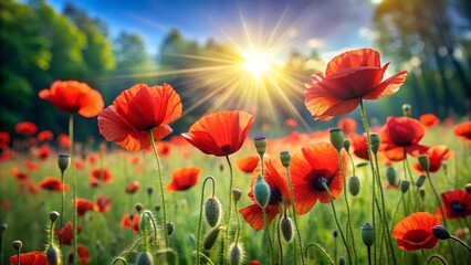 Obraz premium Vibrant Red Poppy Field Bathed in Sunlight with a Forest Backdrop