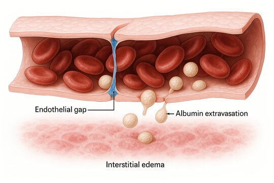 Cross-section of a blood vessel showing red blood cells, an endothelial gap, albumin extravasation, and interstitial edema, highlighting capillary permeability and fluid leakage.