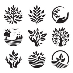 black and white silhouette outline natural view with bird logo design set
