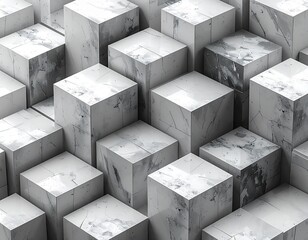 featuring an abstract and geometric composition consisting of many closely arranged cubes or beams. These cubes have a texture like white or light gray marble with dark and random veins/cracks, giving