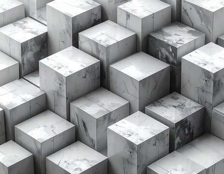 featuring an abstract and geometric composition consisting of many closely arranged cubes or beams. These cubes have a texture like white or light gray marble with dark and random veins/cracks, giving